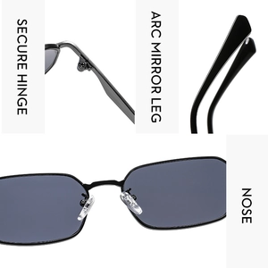 Detail view of secure metal hinge and adjustable nose pads on black square sunglasses