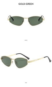 Detailed side and front view of gold cat-eye sunglasses with green lenses and striped metal temples