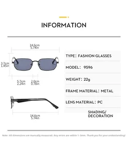 Detailed size chart of metal square sunglasses with specific frame and lens measurements