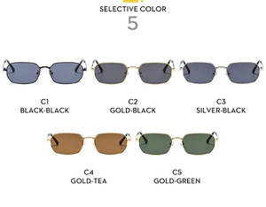 Detailed comparison of five metallic square sunglasses in black, gold, silver, and green tints