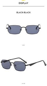 Front and side view of retro hexagonal metal frame sunglasses with dark grey lenses