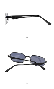Side and back view of metal square sunglasses with geometric temple details and dark lenses
