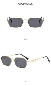 Detailed front and side views of gold metal square sunglasses with black lenses