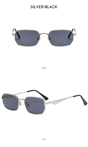 Detail view of silver square sunglasses showing front and side geometric hollow temples