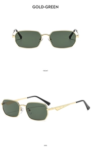 Detailed views of gold metal sunglasses with green lenses and hollow geometric temples