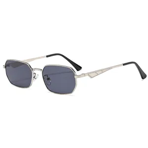 Fashionable silver metal square sunglasses with hexagonal dark lenses and geometric temple detail