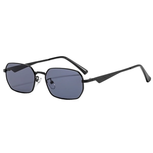 Chic black hexagonal square metal sunglasses with dark lenses and geometric temple detail