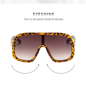 Detail of leopard print sunglasses frame and metal hinges on large brown lenses