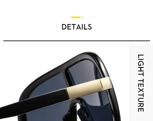 Detail view of large frame sunglasses featuring a sleek black frame and gold metal accents