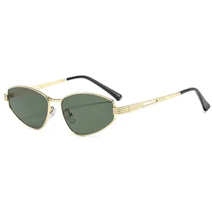 Chic cat eye sunglasses featuring a gold metal frame and dark green lenses in a vintage style