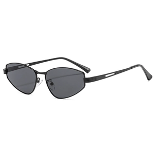 Chic black metal cat-eye sunglasses with dark grey lenses in a 45-degree side view
