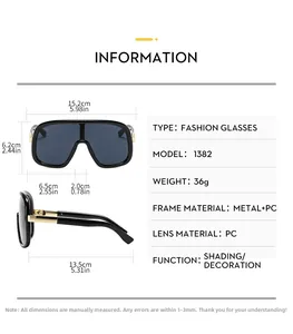 Detailed size chart for oversized fashion sunglasses showing frame and lens dimensions