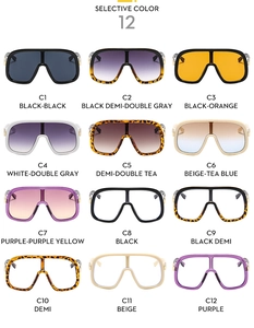 Collection of oversized shield sunglasses in twelve colors like black and tortoiseshell