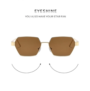 Detail of hexagonal brown lenses with sleek gold metal frames and integrated nose pads
