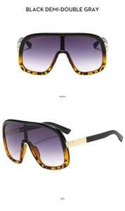 Front and side views of large frame oversized sunglasses with black tortoiseshell accents
