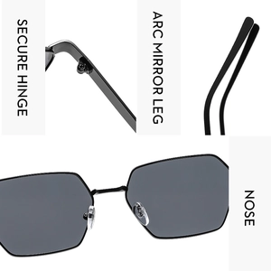 Detail of secure metal hinges and arc mirror legs on polygon frame sunglasses