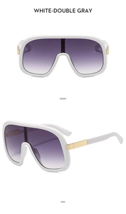 Front and side views of white shield sunglasses with purple gradient lenses and gold accents