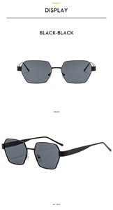 Front and 45-degree side view of black hexagonal polarized sunglasses with thin frames