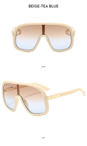 Front and side view of oversized beige sunglasses with gradient tea-blue lenses
