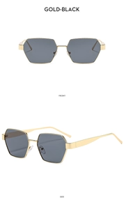 Front and side view of geometric hexagonal sunglasses with gold metal frames and black lenses