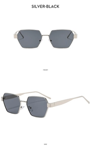 Front and side view of silver-black hexagonal metal frame sunglasses for women