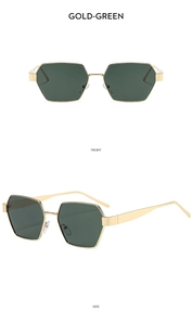 Detailed front and side views of gold polygonal sunglasses with dark green lenses