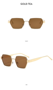 Detail view of Gold-Tea polygonal sunglasses with slim metal frame and tinted lenses