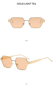 Detailed front and side views of polygon metal sunglasses in gold with light tea lenses