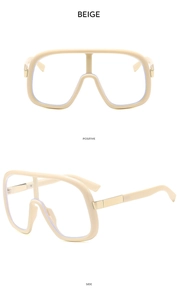 Detail view of beige oversized square sunglasses with gold metal hinges from multiple angles