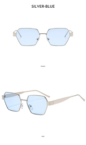Front and side views of silver hexagonal sunglasses with light blue lenses for a modern look