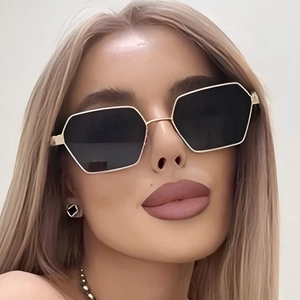 Elegant gold hexagonal metal sunglasses with dark lenses for women with slim fit design