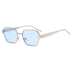 Chic hexagonal metal sunglasses with light blue lenses and silver slim frame for women