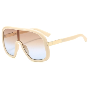 Fashionable oversized one-piece sunglasses with beige frame and blue orange gradient lens