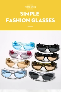 Detail of diverse oval sunglasses frames featuring heart-shaped metal temples in eight colors