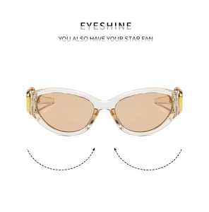 Detail of trendy oval cat-eye sunglasses with transparent frame and golden hinge accents