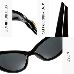 Detail view of secure hinges, arc legs, and integrated nose pads on black sunglasses