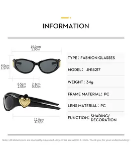 Detailed dimensions of black cat-eye sunglasses with golden heart on the temple