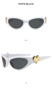 Detail view showing white oval sunglasses with golden heart accent and model specifications