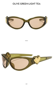Dual view of olive green oval sunglasses with gold heart detail and tea lenses