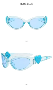 Detailed front and side view of blue oval cat-eye sunglasses with heart and clover decor