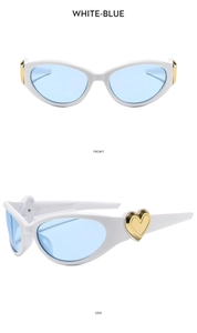Front and side views of white oval cat-eye sunglasses with blue lenses and gold hearts