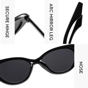 Detailansicht der verstärkten Scharniere und Bügel an der schwarzen Katzenaugen-Sonnenbrille