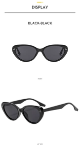 Detailansicht der ovalen Cateye-Sonnenbrille mit dreifachen Metallnieten von vorne und seitlich