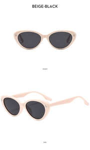 Detailansicht der beigefarbenen Cat-Eye-Sonnenbrille mit schwarzen Gläsern und Nieten