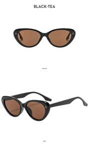 Detail der ovalen Cat-Eye Sonnenbrille mit schwarzem Rahmen, Teegläsern und Silbernieten