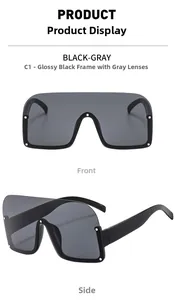 Vues de face et de côté de lunettes de soleil carrées sans monture en noir brillant