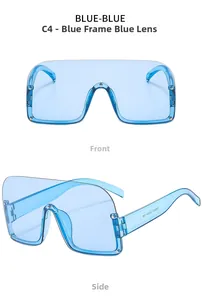 Vue de face et de côté de lunettes de soleil carrées sans monture bleu translucide
