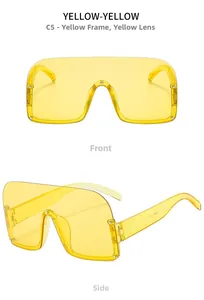 Vue détaillée de lunettes de soleil carrées sans monture jaunes avec rivets et marquage CE