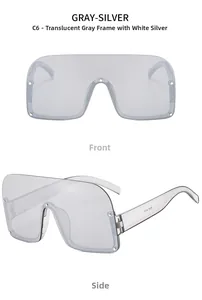 Vue détaillée des lunettes de soleil carrées sans monture gris transparent et rivets