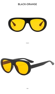 Vues de face et de côté de lunettes de soleil ovales noires avec verres orange